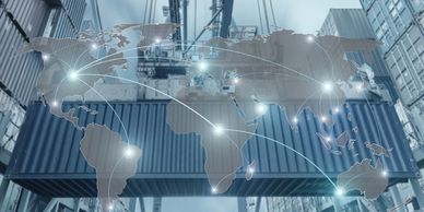 Global shipping network map overlay on a logistics port with cargo containers